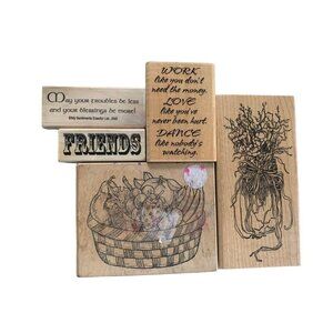 Wooden Rubber Stamps Lot Happiness Quotes Basket Flowers Friends Fun Set Craftin